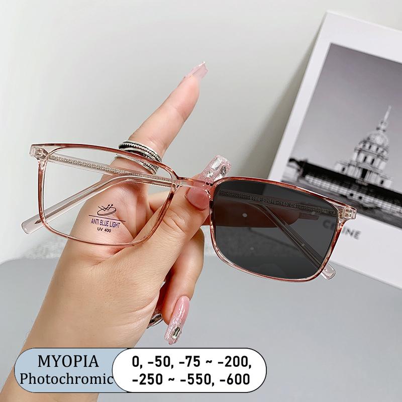 Transparent Tea Square Computer Glasses Anti Blue Ray Eyewear Myopia Optical Spectacle Photochromic Eyeglass for Women Men