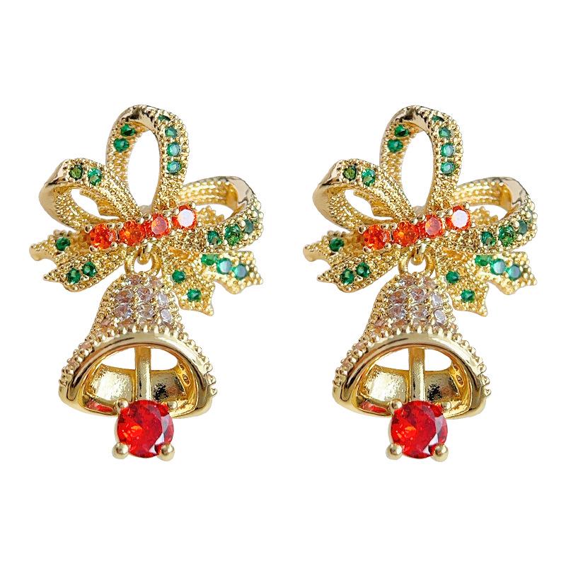 14K Gold Plated Colorful Gemstone Zircon Christmas Bell Stud Earrings 2023