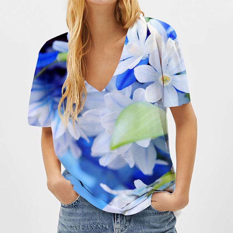 

Модні весняні блузки з квітковим принтом, футболки з коротким рукавом та V-подібним вирізом, повсякденні 8XL синій
