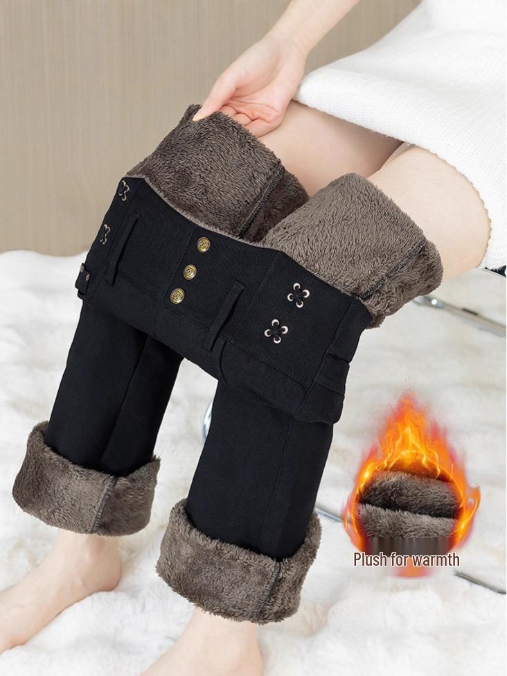 Women's High-Waist Velvet-Lined Denim Flare Pants: Slimming, Elastic, and Warm Nine-Point Style