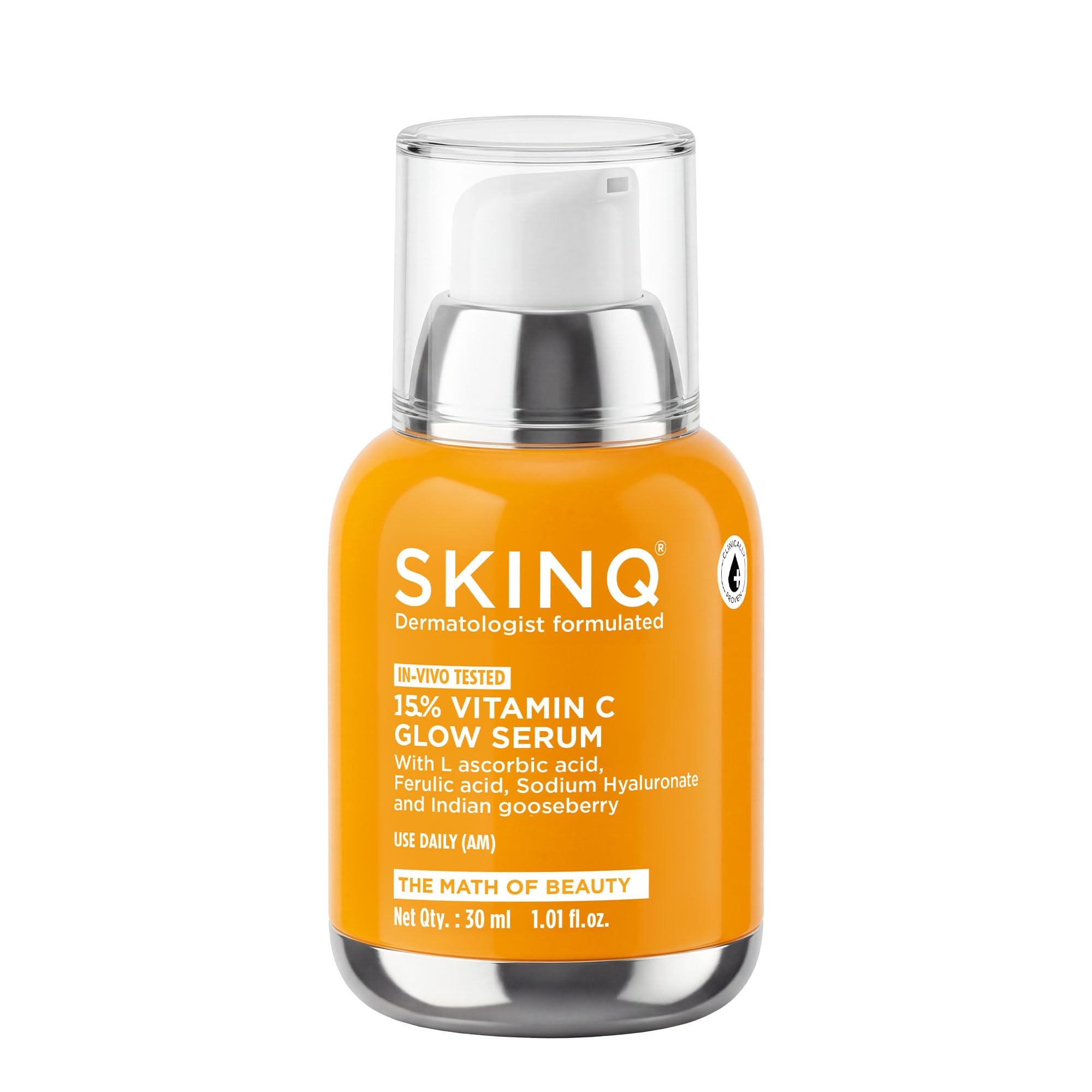 SKINQ 15% Vitamin C Glow Serum with L Ascorbic Acid, Ferulic Acid & Sodium Hyaluronate | Reduces Tan & Brightens Skin | Lightweight, Non-Sticky | F