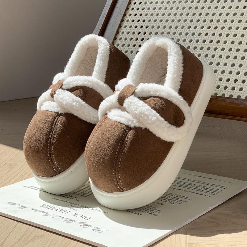 Fashion Autumn Winter Suede Warm Cotton Slippers Women Soft Plush Platform Shoes Thick Sole Couples Outdoor Flat Shoes