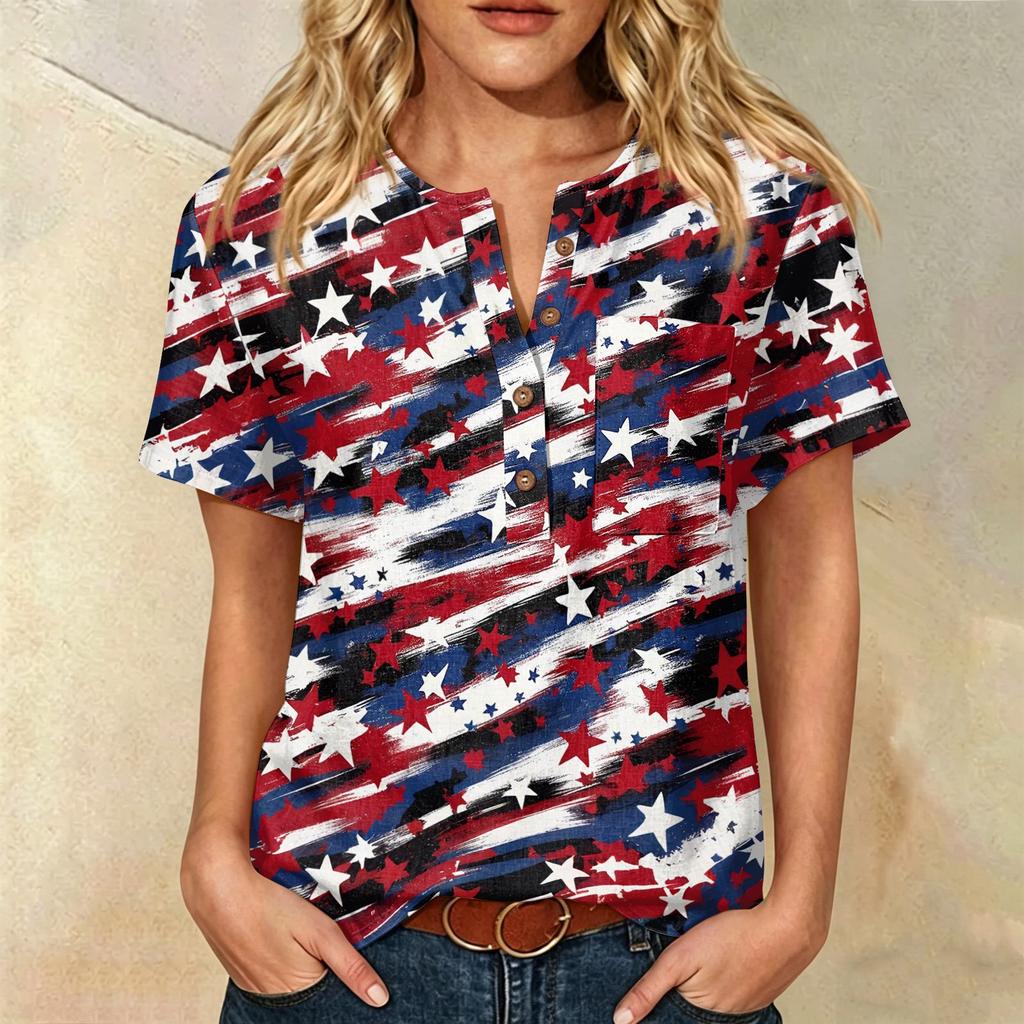 Damen Henley-Shirt mit kurzen Ärmeln und Fronttasche aus Baumwoll-Leinen-Mischgewebe Patriotischer Print Sommerliches Freizeit-Oberteil