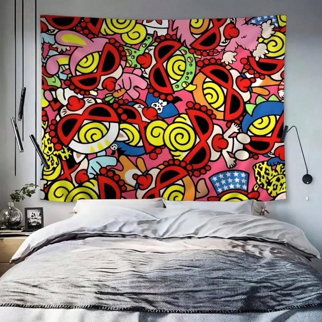 1 Pc Hyper Colorful Cartoon Tapestry Hysteric Mini Style Wall Hang Backdrop Cloth For Living Room Bedroom Bold Streetwear Decor