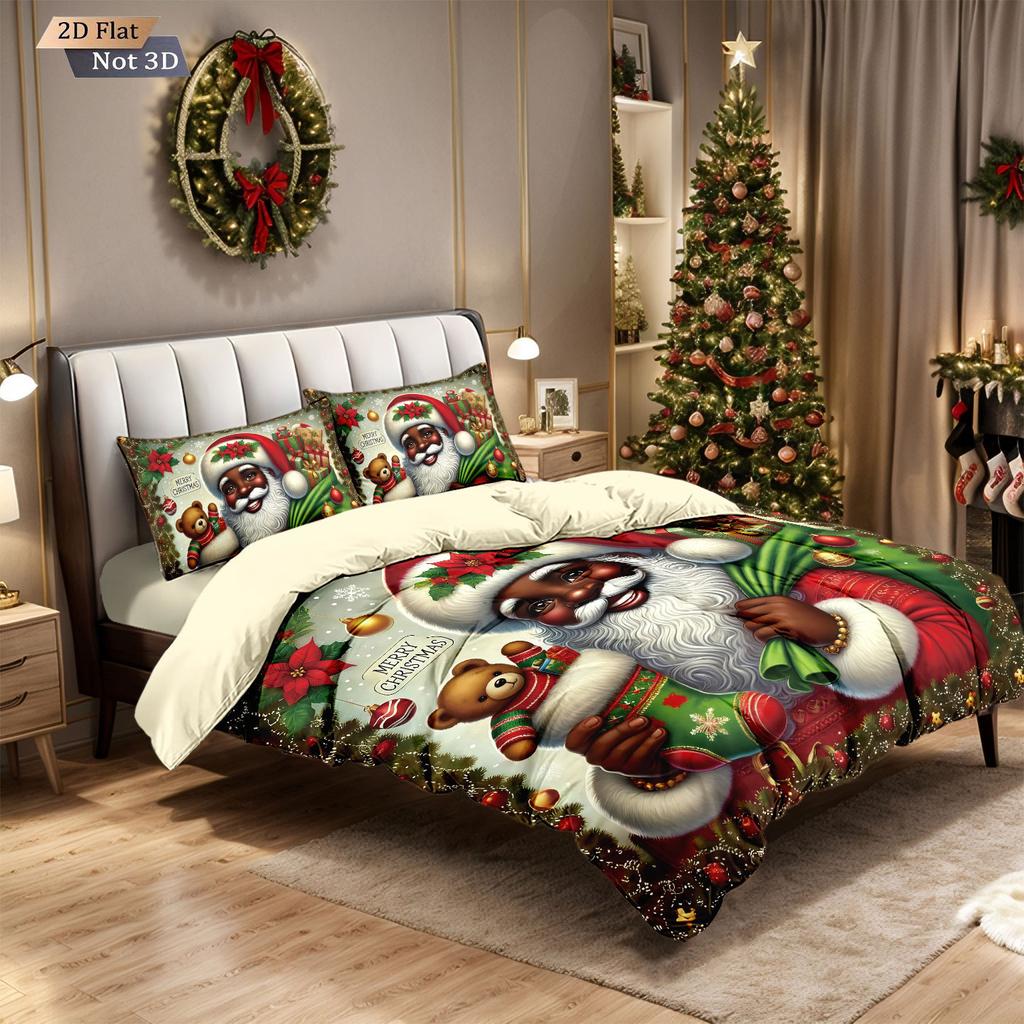 Three-piece Christmas Bedding Set, Brushed Duvet Cover and Pillowcase Set with Santa Claus Digital Print