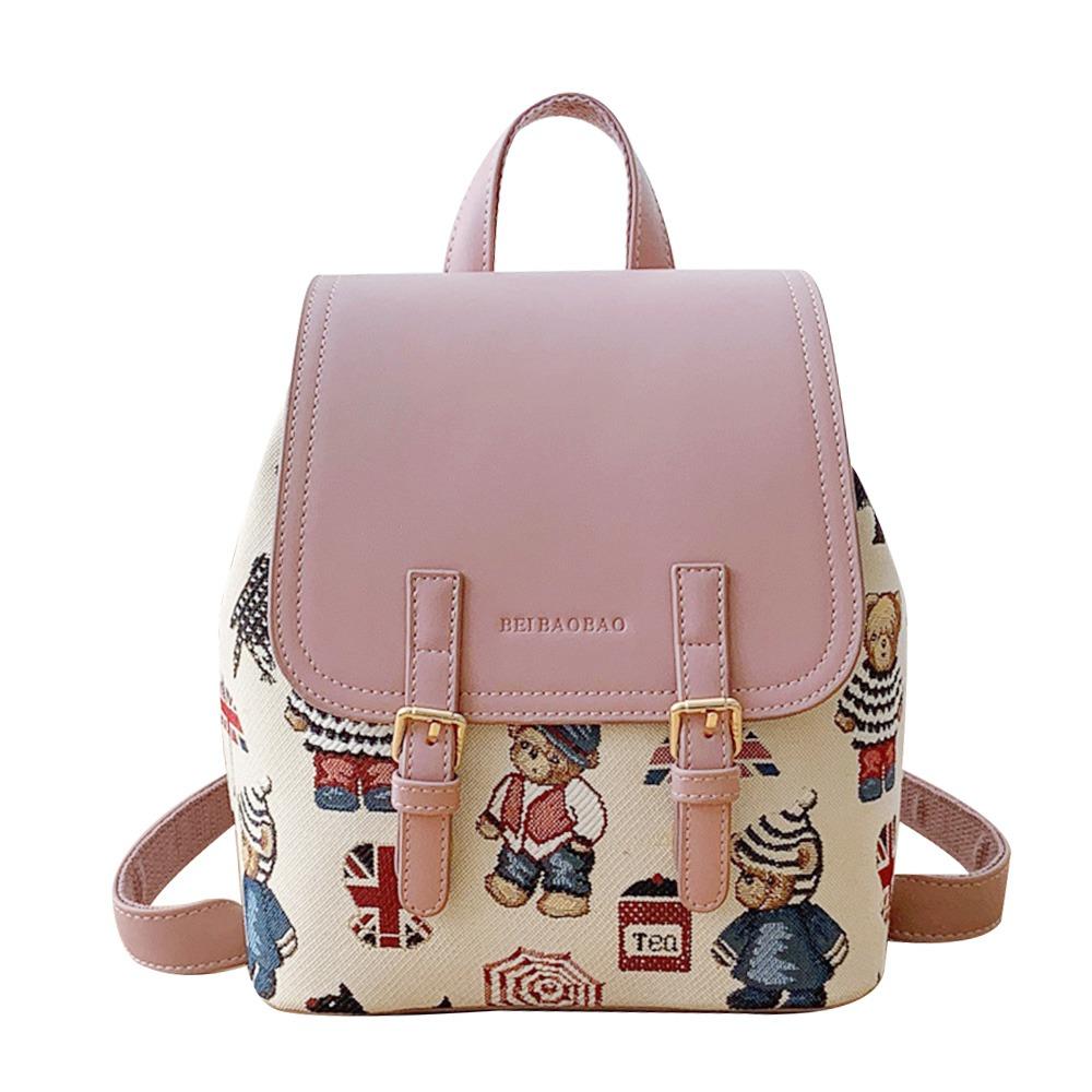 Fashion PU Leather Women's Backpack Zipper Cute Shoulder Bag Little Bear Large Capacity Travel Rucksack