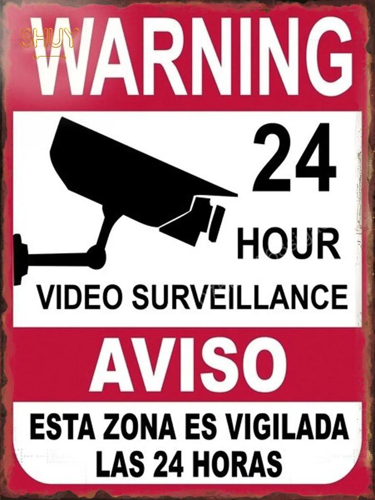 Retro Metal Tin Sign S Warning Red 24 Hour Video Surveillance Custom Painting Picture for Shop Bar Cafe English &Spanish Word