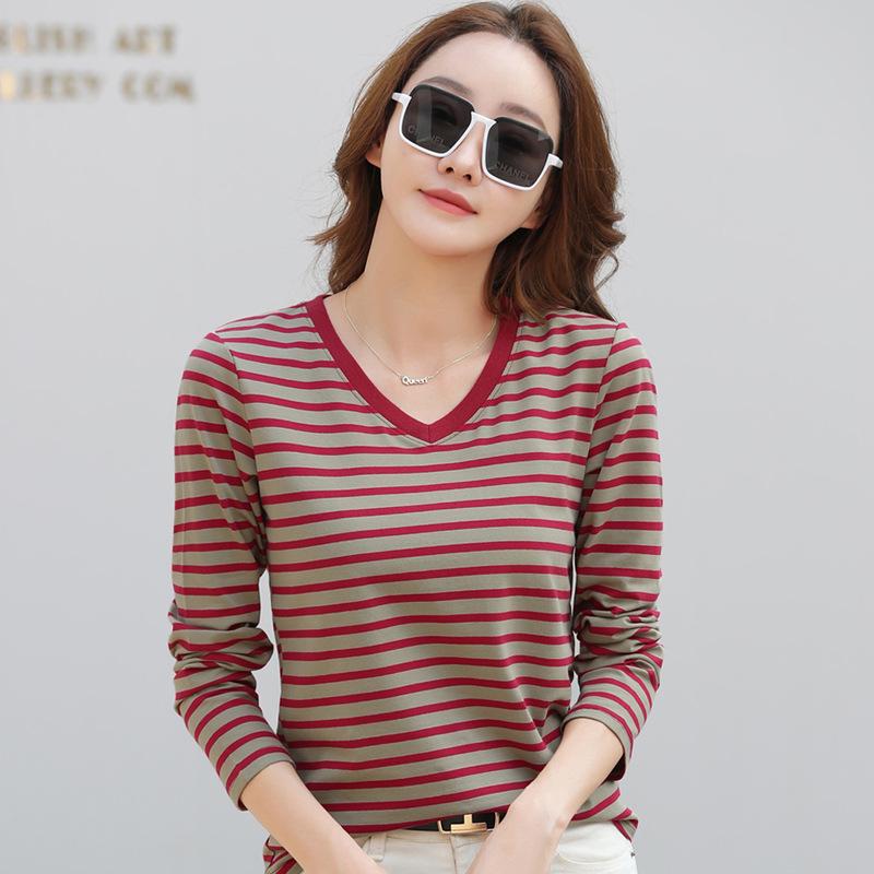 

Женская полосатая футболка с V-образным вырезом, длинными рукавами, эластичная, повседневная XL