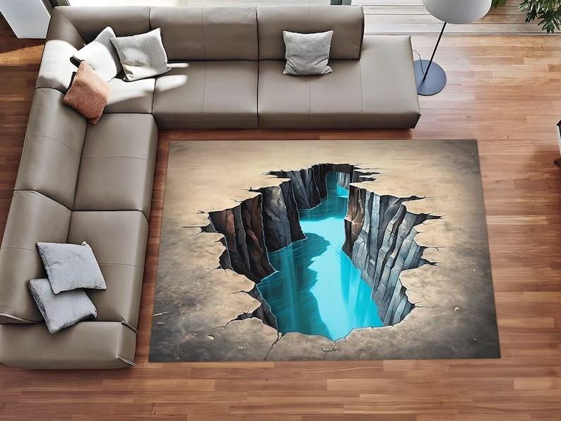 3D Illusion Carpet Cliff Hole Pattern Carpet Living Room Full of Floor Mats Creative and Quirky Home Decoration Rug