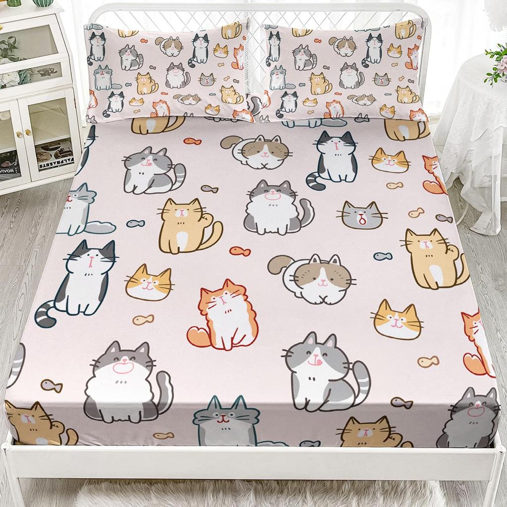Cartoon Cat Pattern Bed Hat Three-Piece Digital Printing Bedding Bed Hat Three-Piece Set Children And Adults