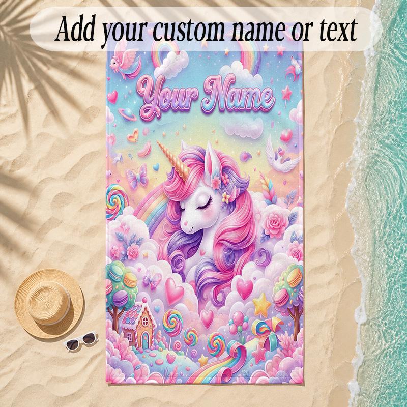 Unicorn Theme Soft Beach Towel Personalized Custom Name Text Towel Portable for Beach Pool Travel