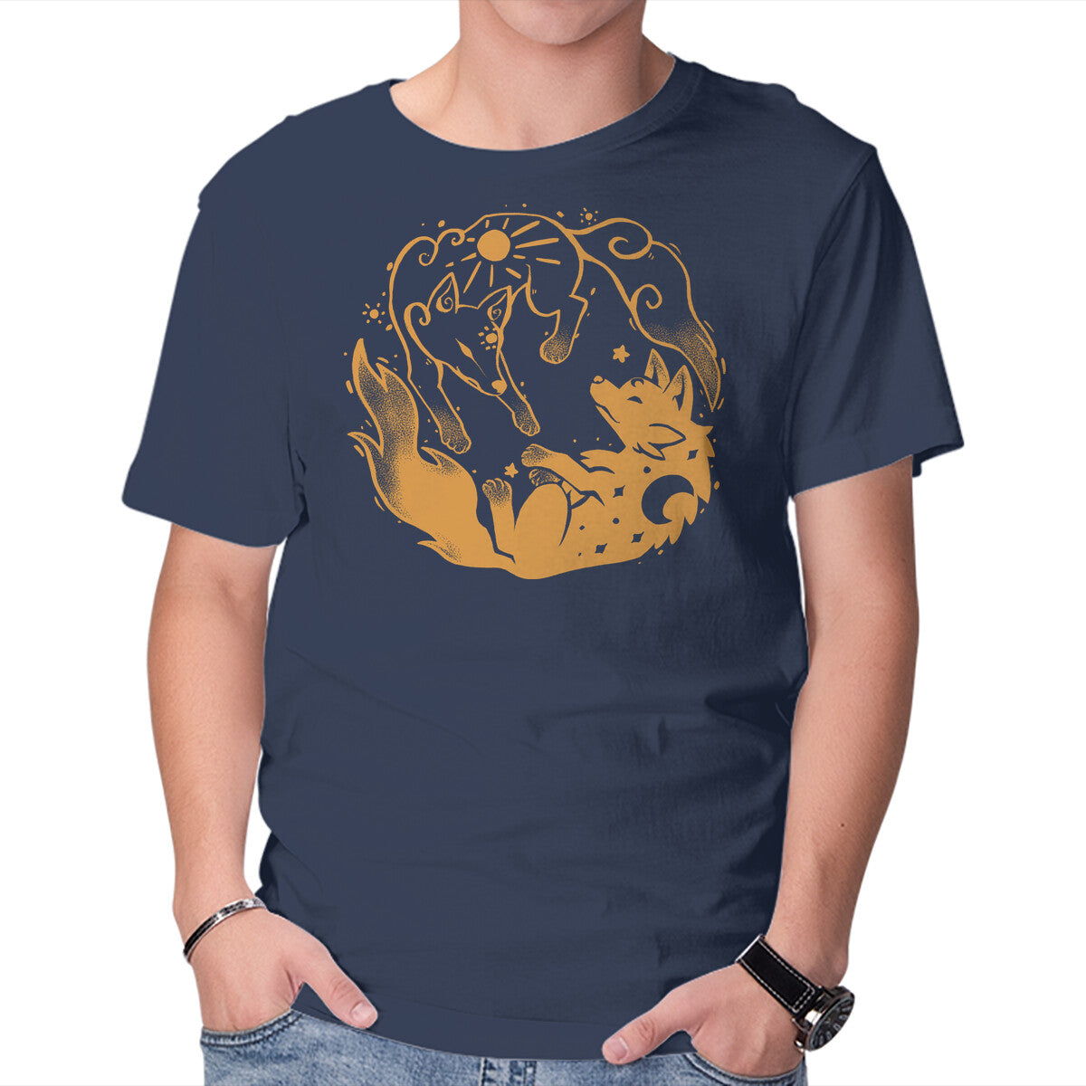 Unisex Crew Neck T-Shirt Sun And Moon Golden Wolves Graphic Short Sleeve Casual Tee S
