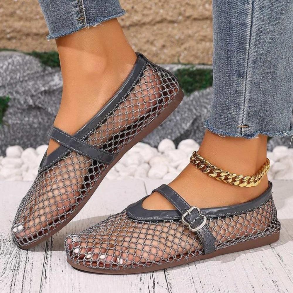 Plus Size Women Round Toe Fishnet Hollow Out Flat Sandals, New Spring Summer European Style Breathable Casual Sandals