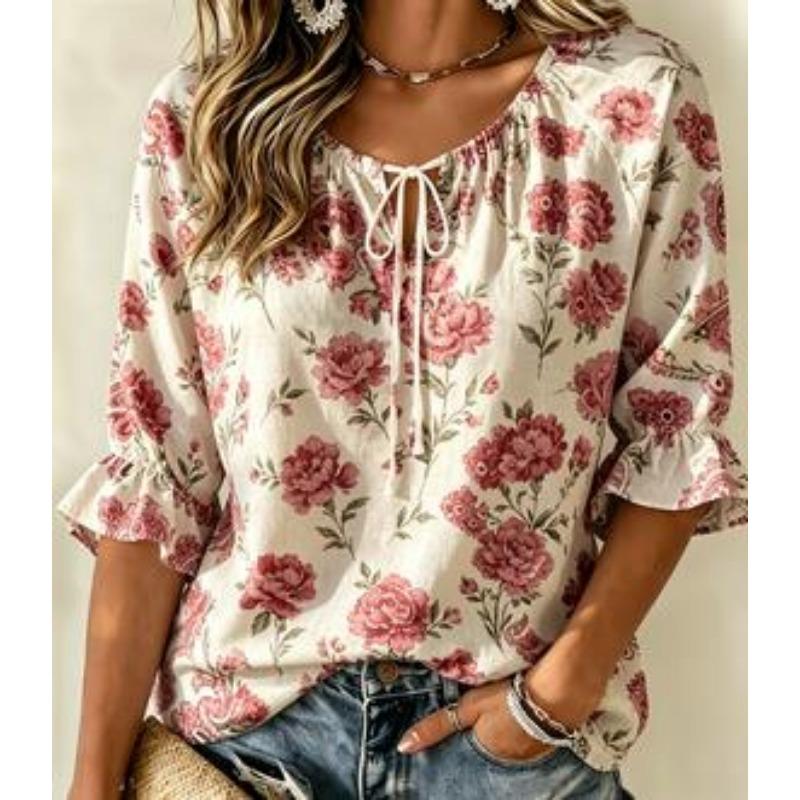 Women's Vintage Burgundy Rose Tie Neck Blouse Ruffle 3/4 Sleeve Relaxed Fit Daily Office Dating Shirt