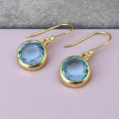 Massiv 925 Sterlingsilber Blautopas Edelstein Rund Handgefertigt Designer Gelbvergoldet Hängeohrring