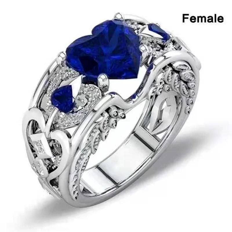 Trendy Red Blue Heart Love Hollow Carved Zircon Crystal Silver Color Female Ring for Women Party  Accessories