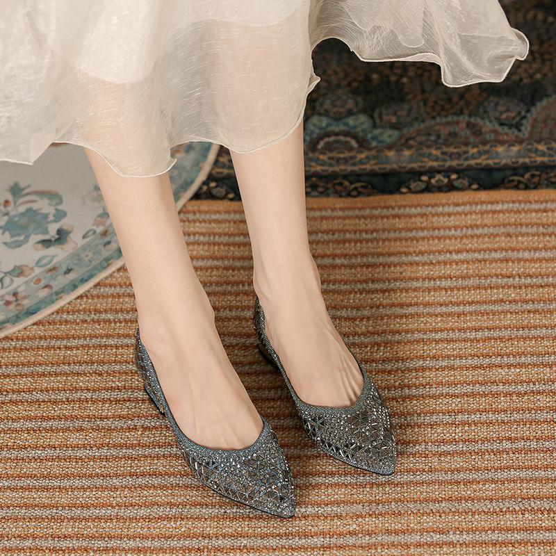 Fashion FHC New Women Rhinestone Flats,Soft Working Shoes,Summer Low Heels,Hollow Out,Slip On,Pointed Toe,Black,Grey,Dropship