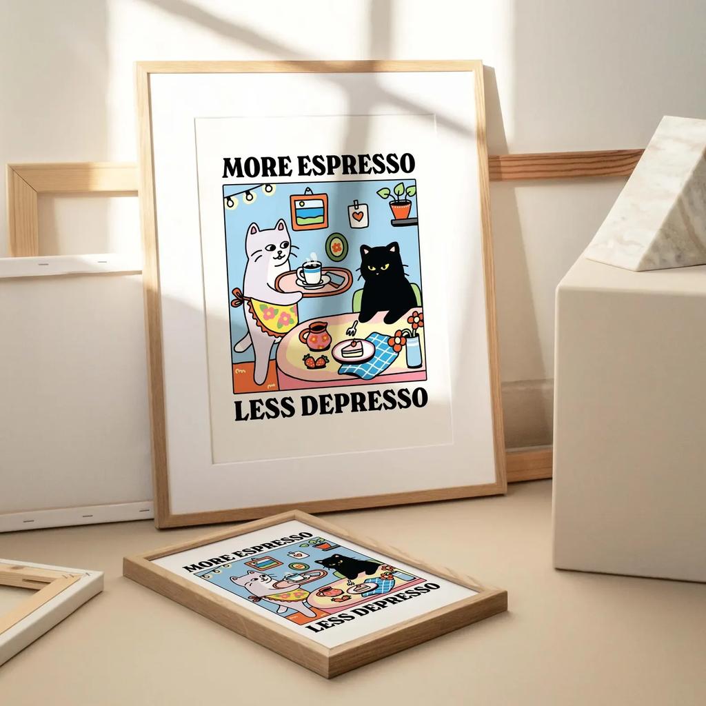 Canvas Painting More Espresso Less Depresso Black Cat Wall Print, Coffee Cat Poster, Kitchen Art, Coffee Poster, Coffee Bar, Unique For Living Room