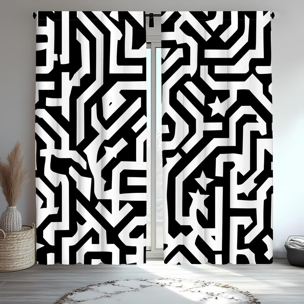 2pcs Classic Black and White Geometric Stripe Line Curtains, Soft Polyester Window Treatments for Living Room Decor