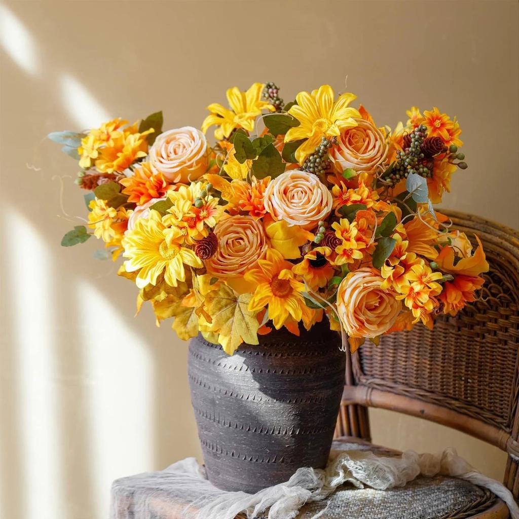 Artificial Mum Bush Sunflowers Faux Fall Chrysanthemums Flower Bouquets Silk Floral Arrangements With Pinecone Stems