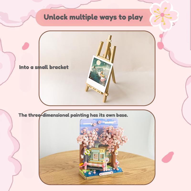 Sakura Train Building Blocks 3D Decorative Paintings Puzzle Assembly Toys Girls' Birthday Gifts Assembly Of Building Blocks