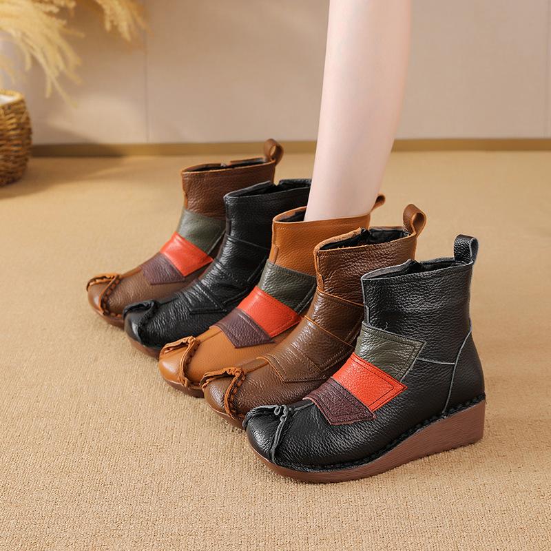 Johnature Ethnic Style Mixed Colors Genuine Leather Wedges Short Boots Warm Comfortable Women's Cotton Shoes