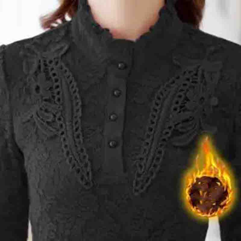 Camisa de encaje de otoño e invierno Camisa superior ajustada Camisa de mujer de talla grande con relleno de terciopelo y calidez