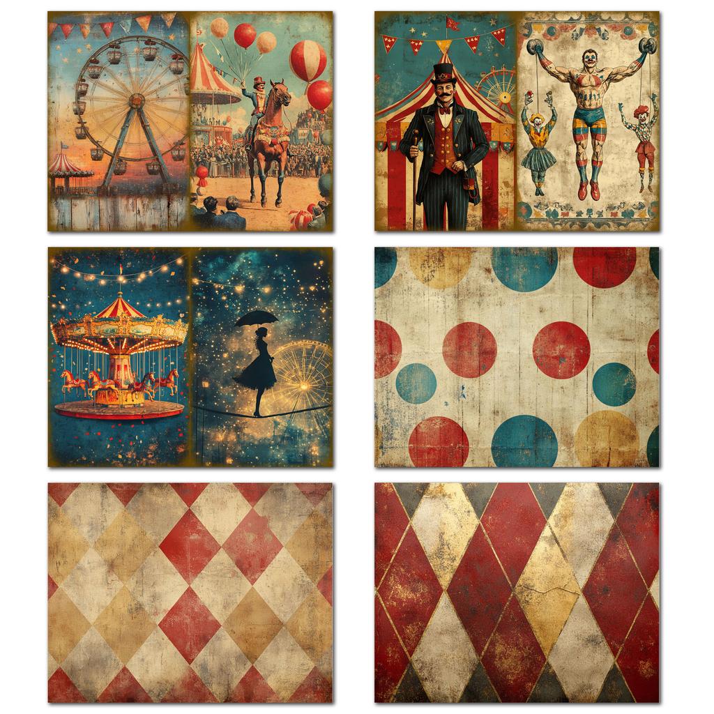 50pieces Vintage Circus Clown DIY Decor Paper Set With Sticker,for Arts Crafts,Scrapbooking Supplies,DIY Crafts,Background Pad