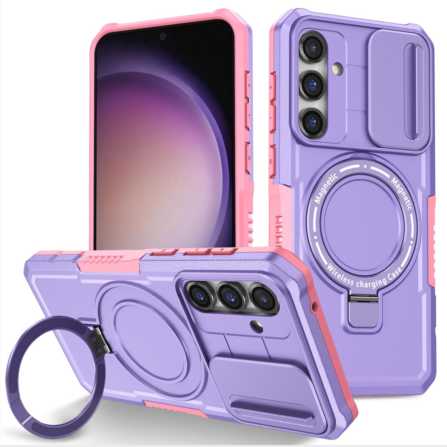 

Сумісний з MagSafe чохол PC+TPU для Samsung Galaxy S23 FE Підставка Протиударний чохол для телефону з кришкою для об єктива, що зсувається Pink/Purple