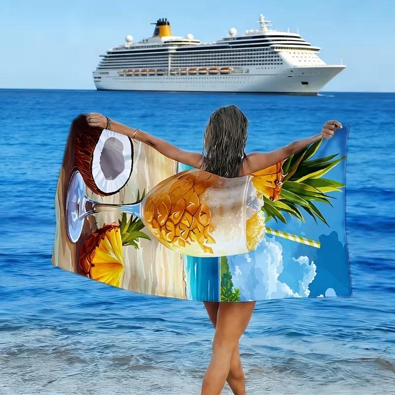 Super Sized Soft Ultra-fine Fiber Beach Towel Themed Tropical Beverage Pattern Quick Drying and Sand Prevention Fitness Yoga