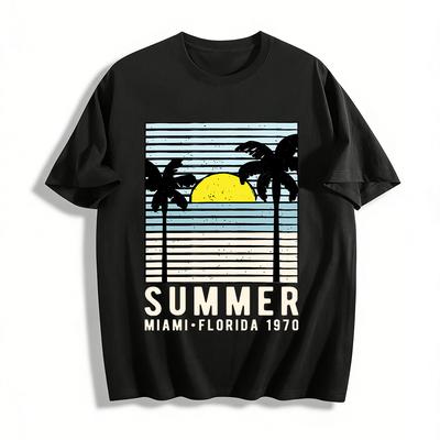 Vintage 1970 Miami Summer Coconut Tree Sunset Print Casual Tee Pure Cotton T-shirt