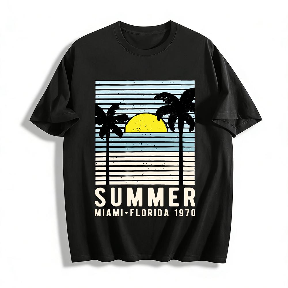 Vintage 1970 Miami Summer Coconut Tree Sunset Print Casual Tee Pure cotton T-shirt XXS