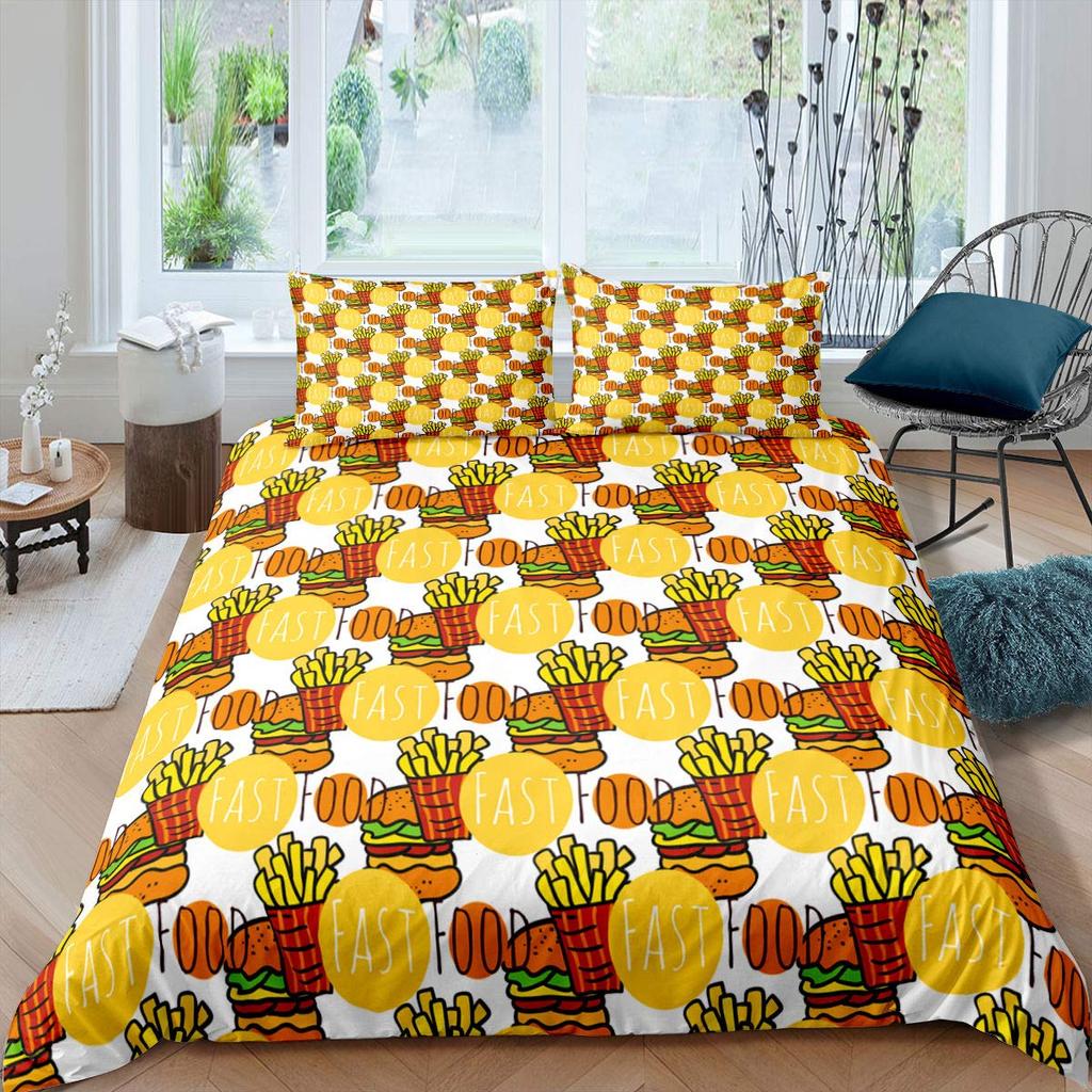 American Fast Food Duvet Cover Set Full Size Polyester Pizza Hotdog Hamburger Print Bedding Set French Fries Cartoon Quilt Cover