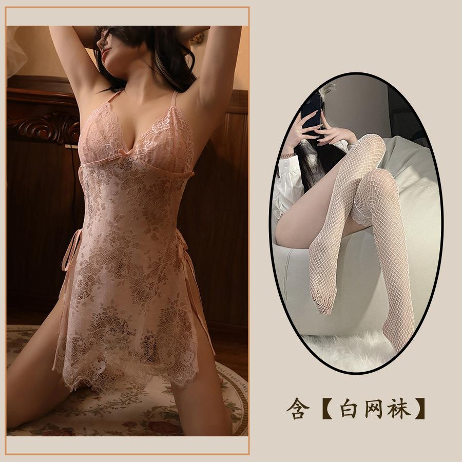 Sexy Underwear Lace Neck Gathering Slim Onesie Sexy Perspective Pure Desire Straps Hollow Pajamas Women