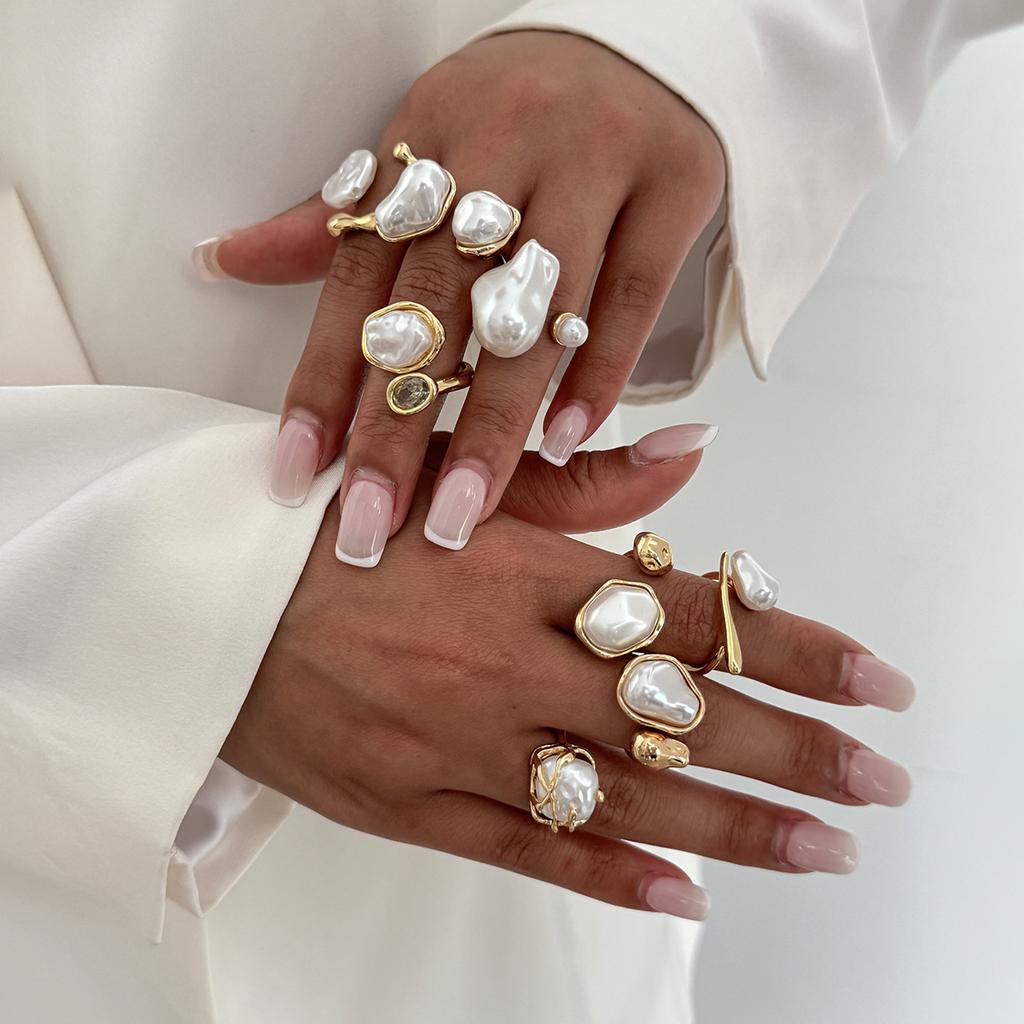 High-End Photosensitive Surface Water Drop Hug Ring Set Baroque Imitation Pearl Open Joint Ring