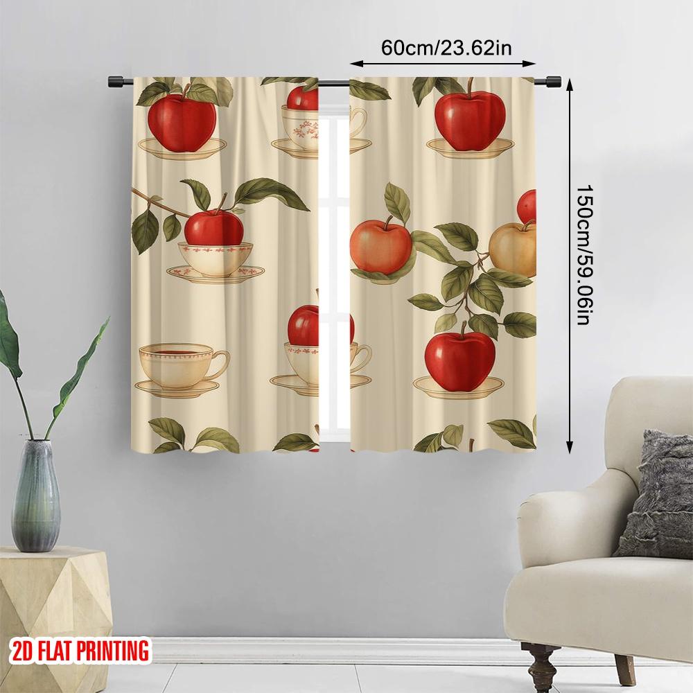 2pcs,2D Plane Printing Creative Curtains Tea Apple Harmony Durable 100% Polyester Fabric (without Rod) Holiday for Bedroom &
