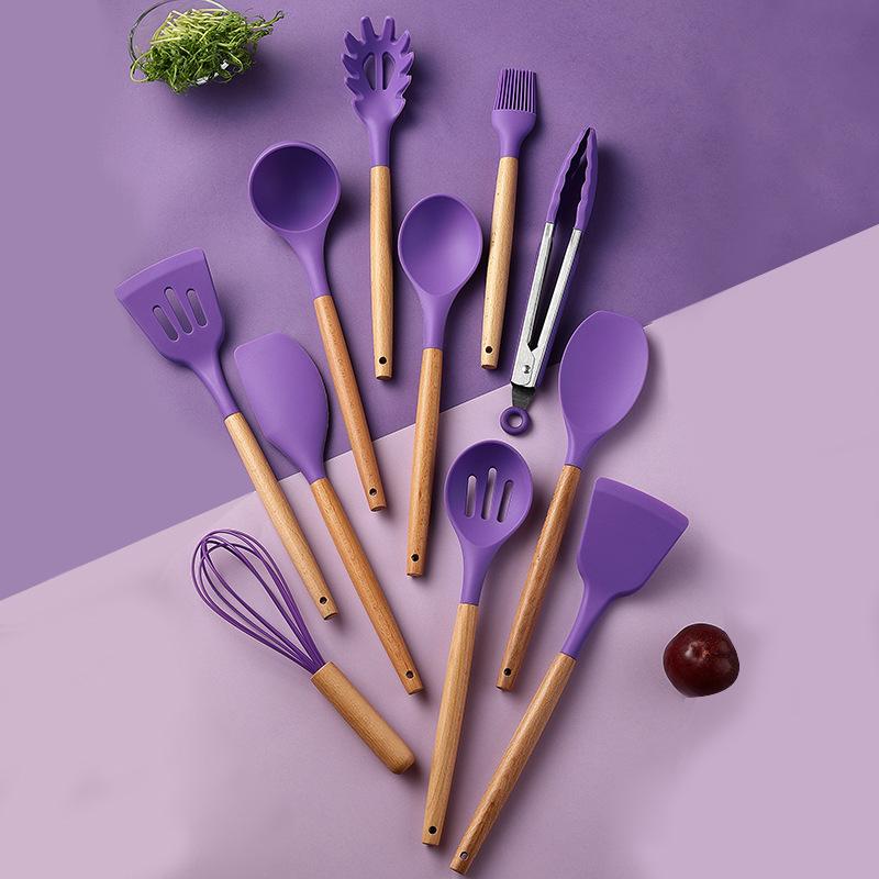 4/11/12PCS Silicone Cooking Utensils Set Non-stick Spatula Shovel Wooden Handle Cooking Tools Set with Storage Box Kitchen Tools