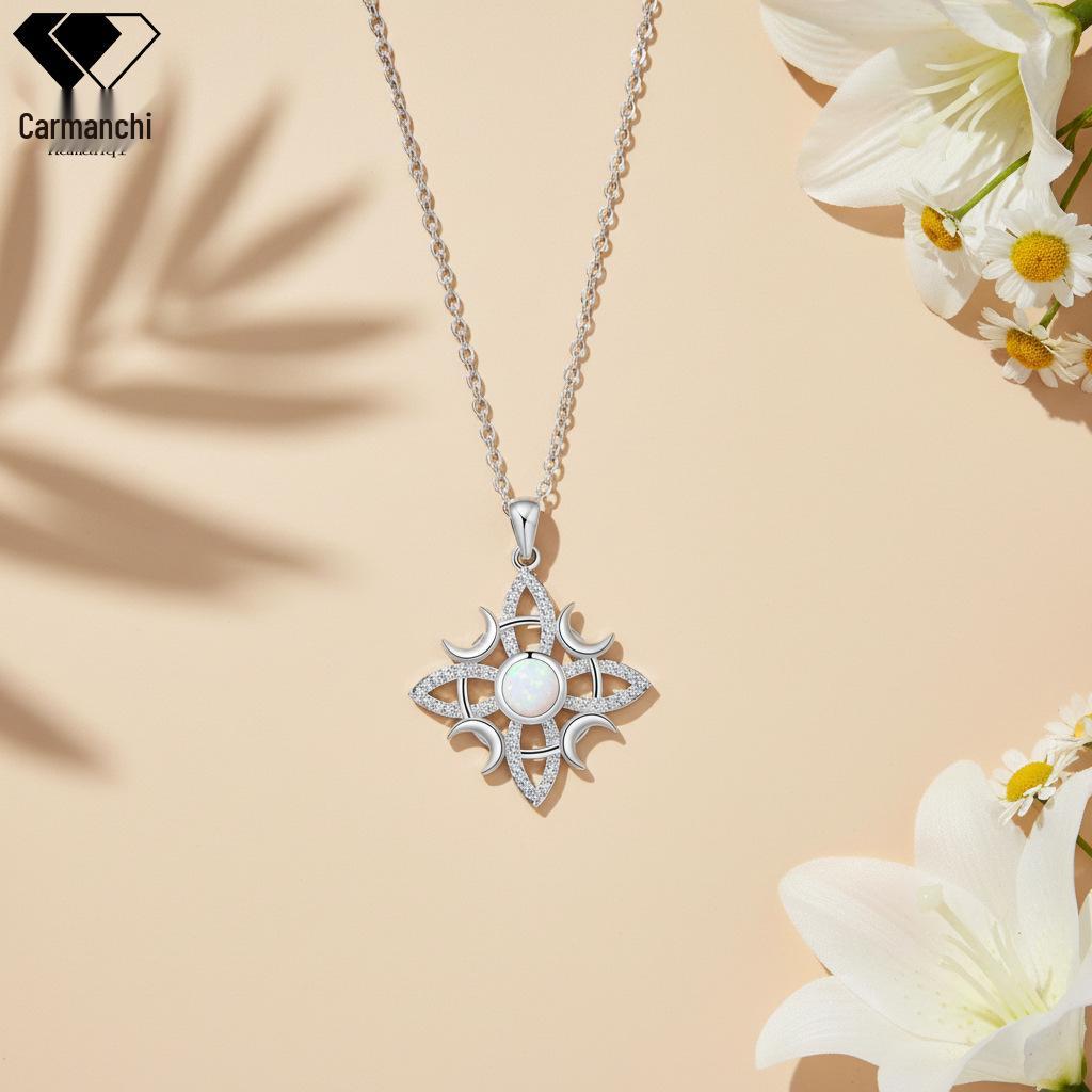 KNN-1071 Opal Celtic Witch Knot Pendant Necklace with Stainless Steel Clavicle Chain