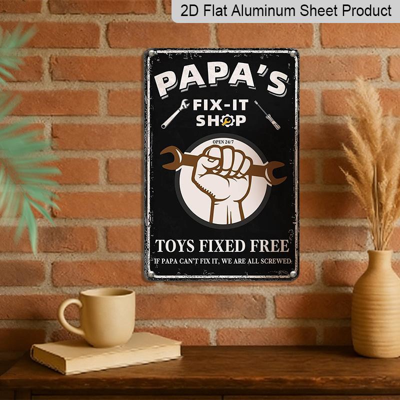2D Flat, 1pc "Papa's Fix-It Shop" Aluminium Metal Wall Decor Sign - 8"x12" Vintage Garage Decor, Wrench & Tools Accent Wall Art, Perfect Father's Day