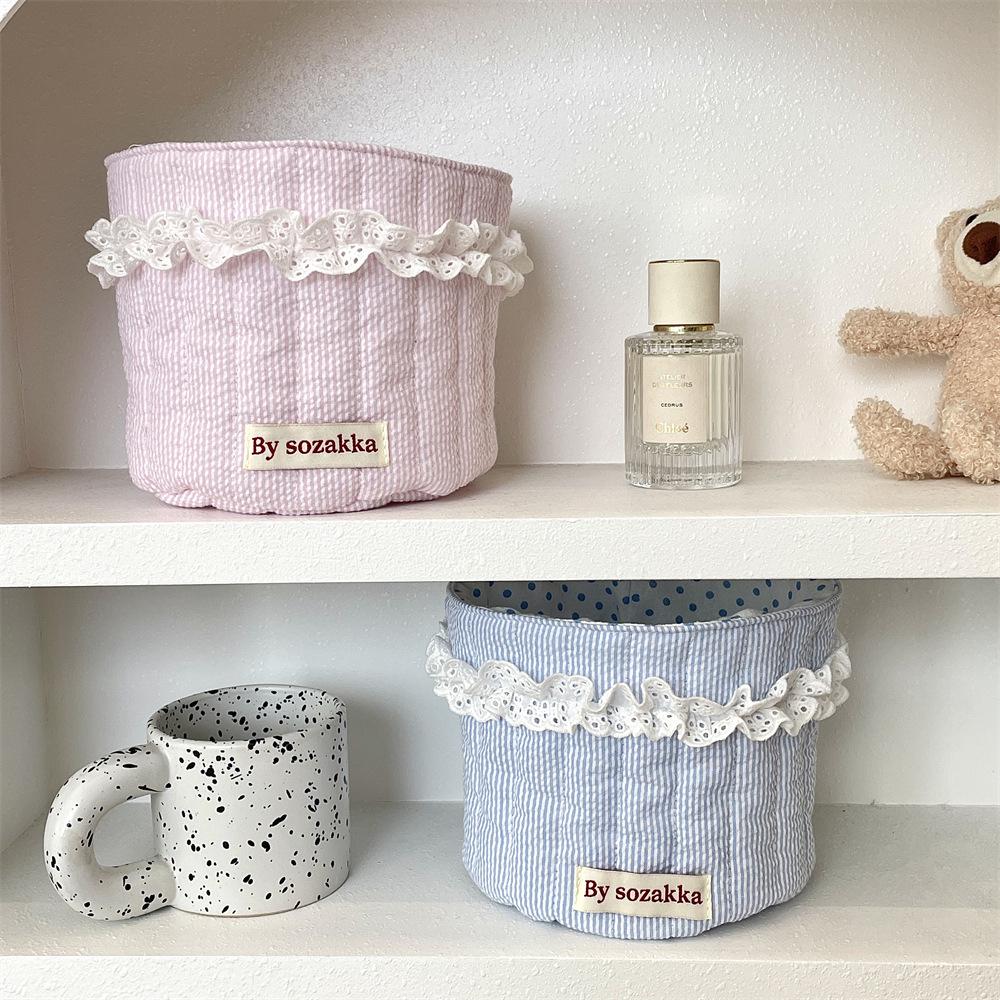 Korean Quilted Fabric Basket for Girls - Round Storage Organizer for Toys and Snacks.