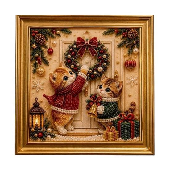 Faux Pearl Painting Kit for Adults Christmas Cat Art with Frame, Kitty DIY Embroidery Kit, 3D Bead Wall Craft Adults, Handmade Home Holiday