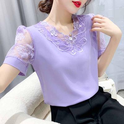 Summer Chiffon Shirt Elegant Women Clothing Blouse Mesh Splicing Short Sleeve Hollow Out Tops Nail Bead All Match Casual Clothes