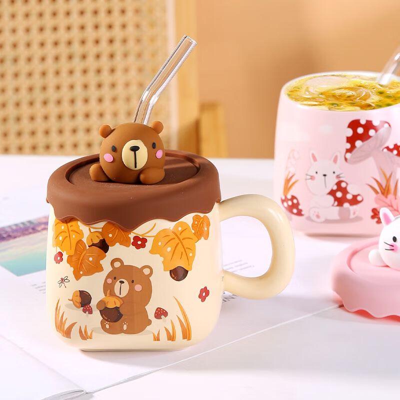 Cute Panda Ceramic Mug with Lid and Straw