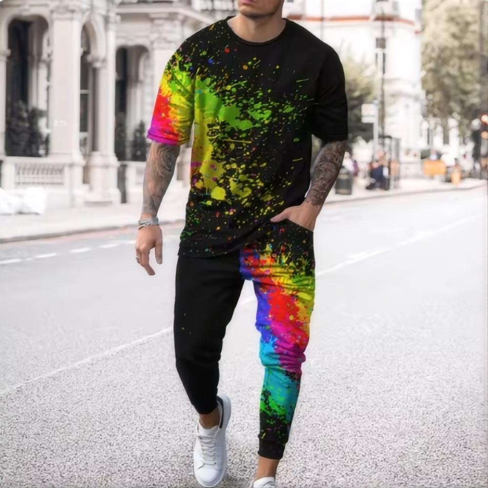 Summer Fashion Striped Simplest Bee Pattern 3D Printed Fashion Short Sleeved T-shirt Long Pants Men's Set