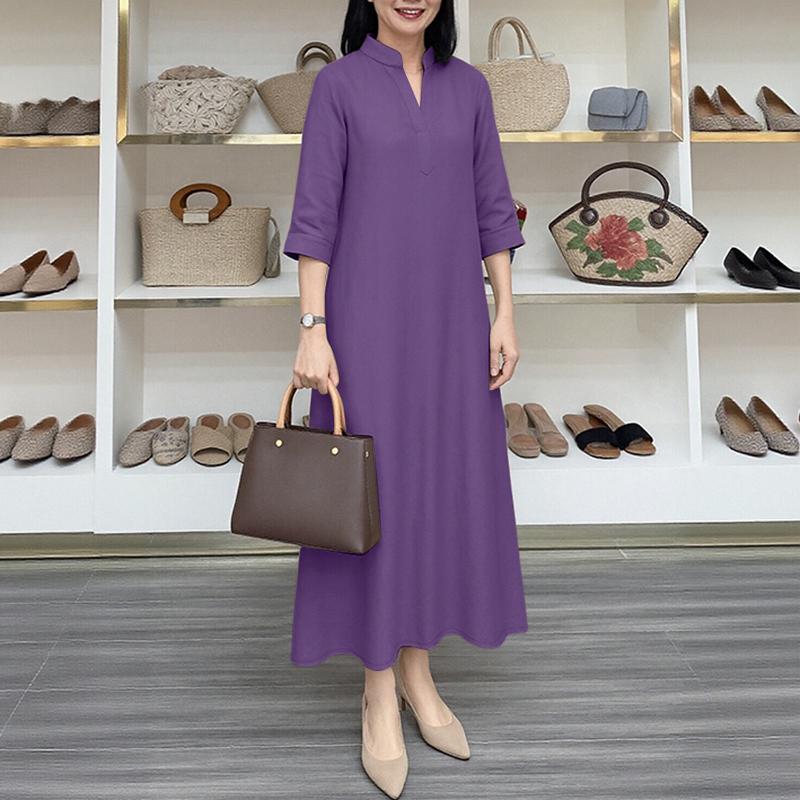 ZANZEA Rochie lungă casual de damă cu gât în V, culoare solidă, mâneci 3/4 largi