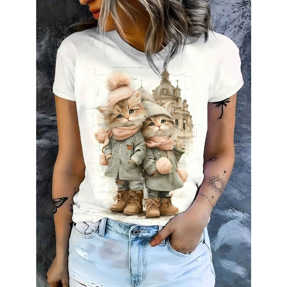 Summer Women's Round Neck Short Sleeved Animal Cartoon Portraits Series 3D T-shirt Fashionable Comfortable Breathable Loose Large Size T-shirt