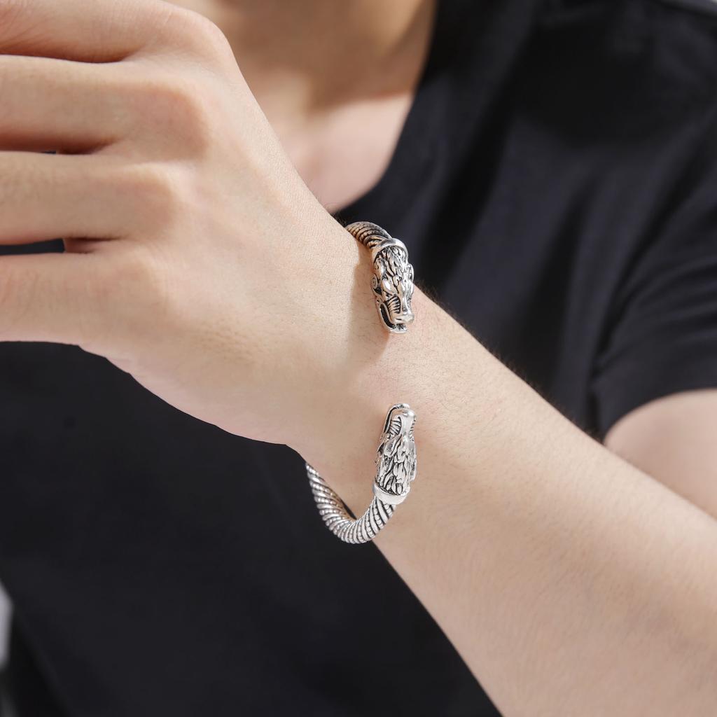 Dreamtimes Herren Nordischer Wikinger Drachen Armreif Vintage Loong Kopf Tier Geschnitzt Offener Manschettenarmreif Skandinavische Kostüm Accessoires