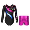Girls Dance Set Long Sleeve Leotard Shiny Rhinestones Printed Patchwork Design Metallic High Waist Shorts