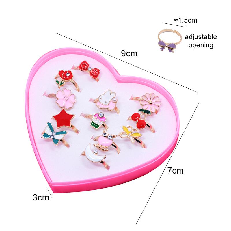 12pcs Children Rings Heart Shaped Box Cartoon Jewelry Adjustable Opening Girls Birthday Gifts Beauty Toys Pretend Play TMZ