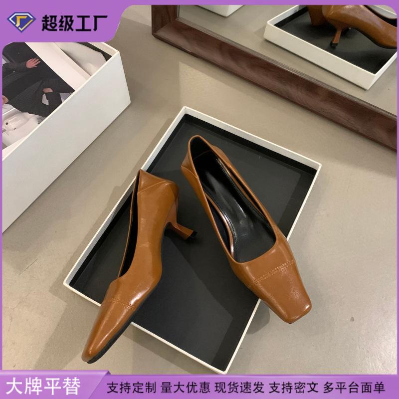 2025 Spring Women's Stiletto Single Shoes French Retro Style Plain Color Square Tail Casual Style French High Heels Women's Outer Wear